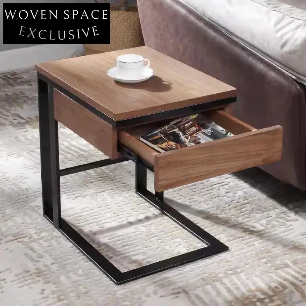 Modern Square Wooden Coffee Table with Storage, Black Metal Legs, Pull-Out Drawer