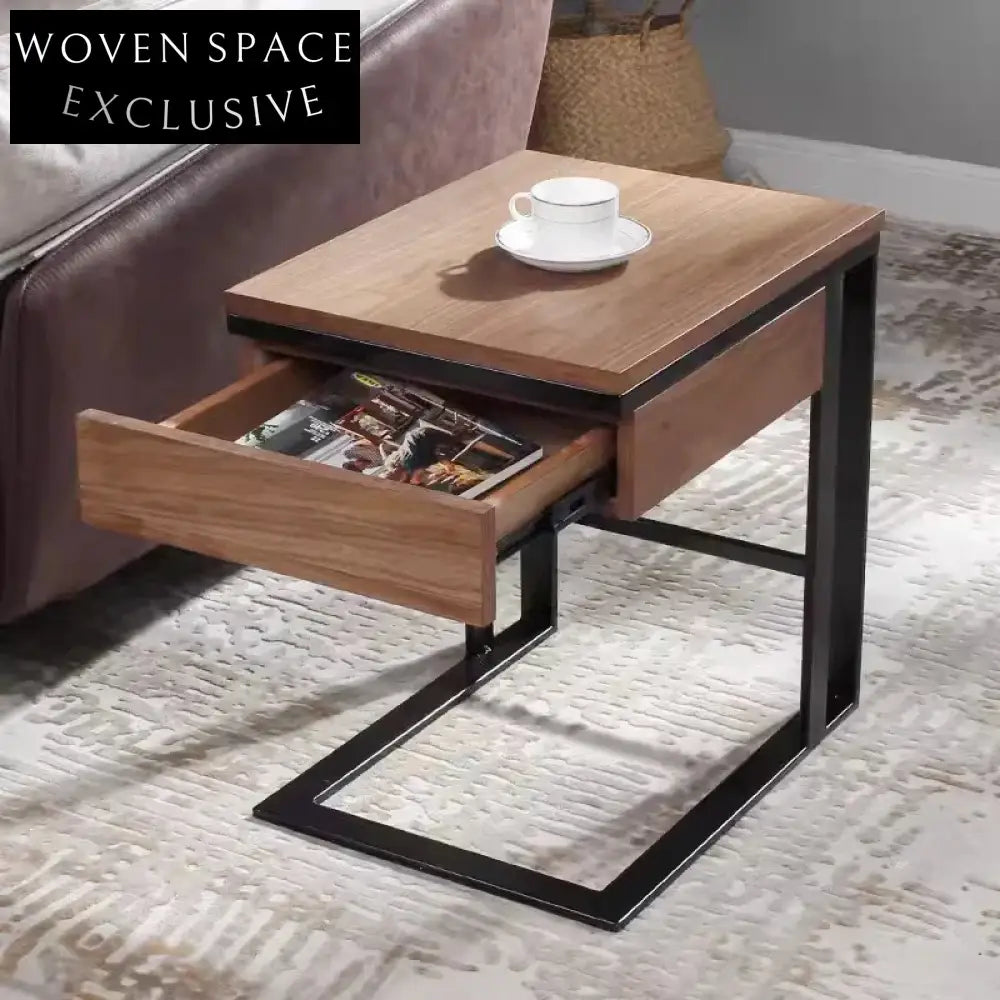 Modern Square Wooden Coffee Table with Storage, Black Metal Legs, Pull-Out Drawer