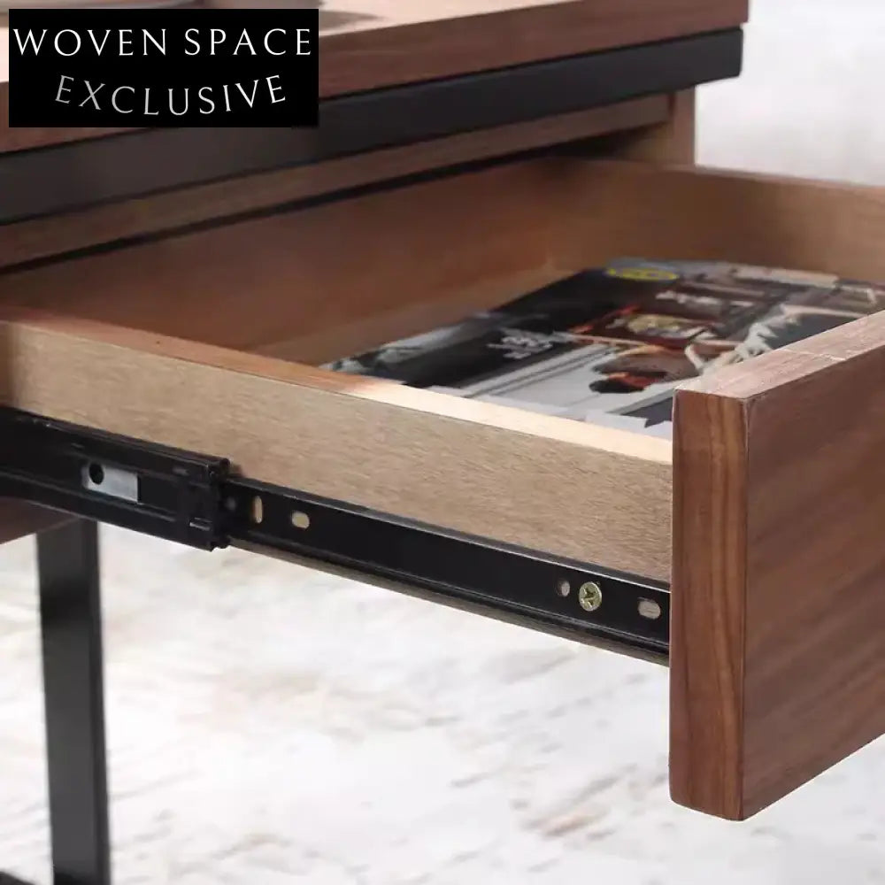 Modern Square Wooden Coffee Table with Storage, Black Metal Legs, Pull-Out Drawer