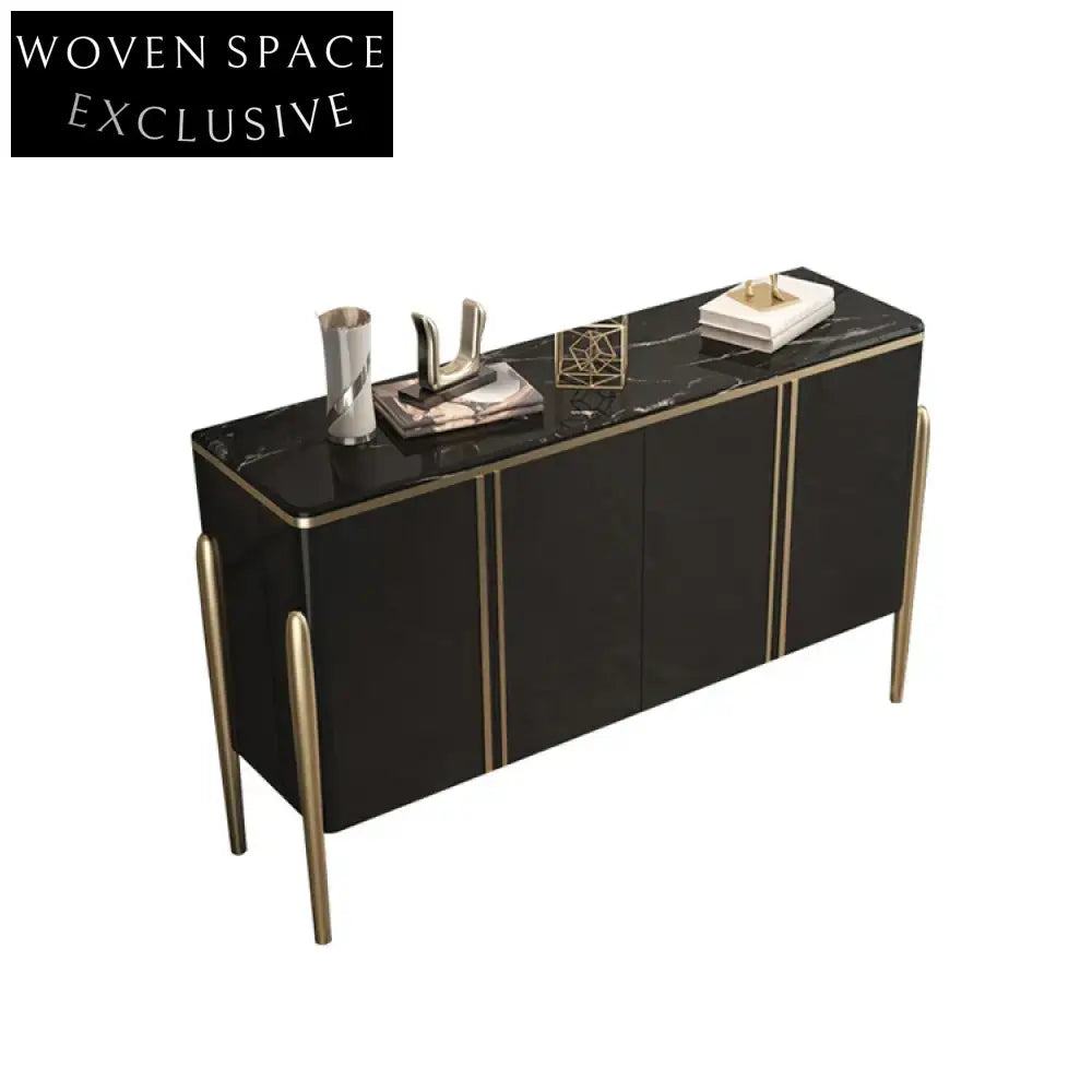 Modern Stainless Steel Console Table, Elegant Black Wood Storage Cabinet for Living Room