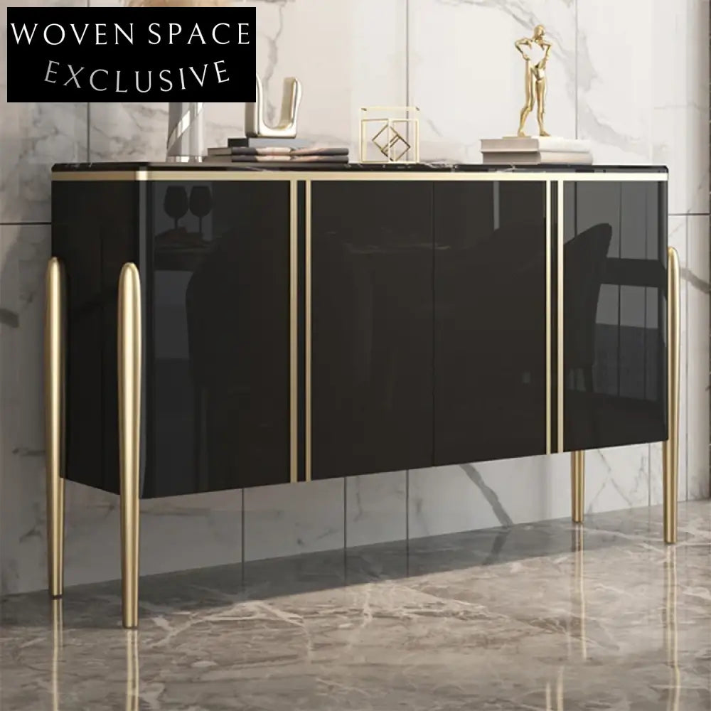 Modern Stainless Steel Console Table, Elegant Black Wood Storage Cabinet for Living Room