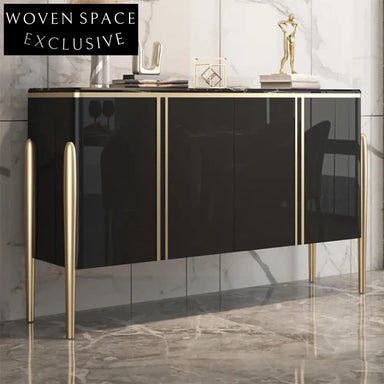 Modern Stainless Steel Console Table, Elegant Black Wood Storage Cabinet for Living Room
