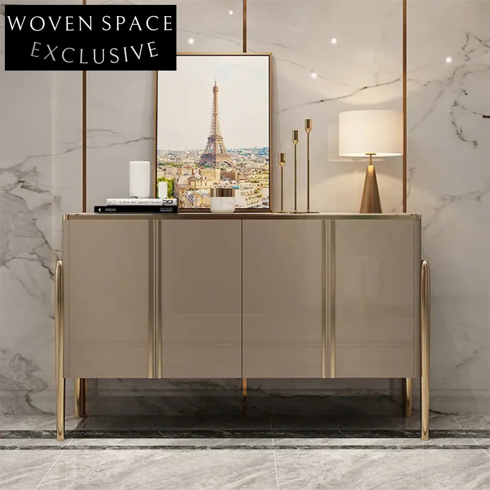 Modern Stainless Steel Console Table, Elegant Black Wood Storage Cabinet for Living Room