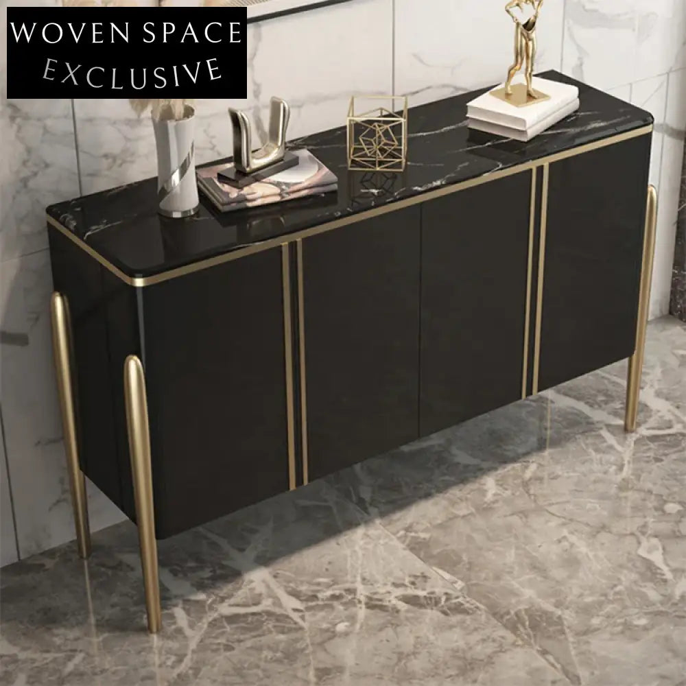 Modern Stainless Steel Console Table, Elegant Black Wood Storage Cabinet for Living Room