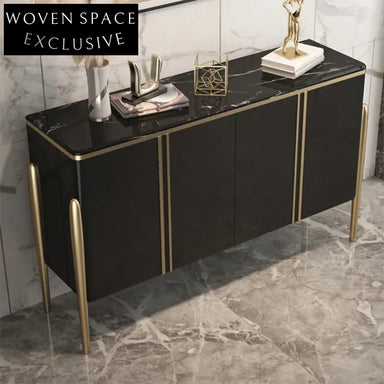 Modern Stainless Steel Console Table, Elegant Black Wood Storage Cabinet for Living Room