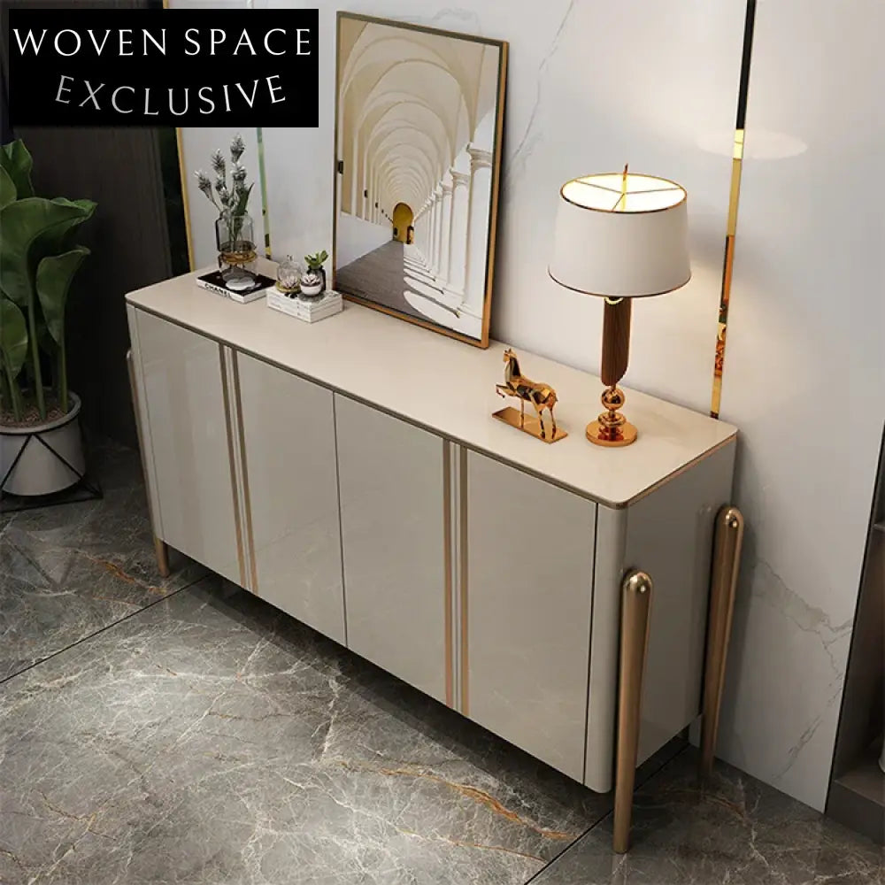 Modern Stainless Steel Console Table, Elegant Black Wood Storage Cabinet for Living Room