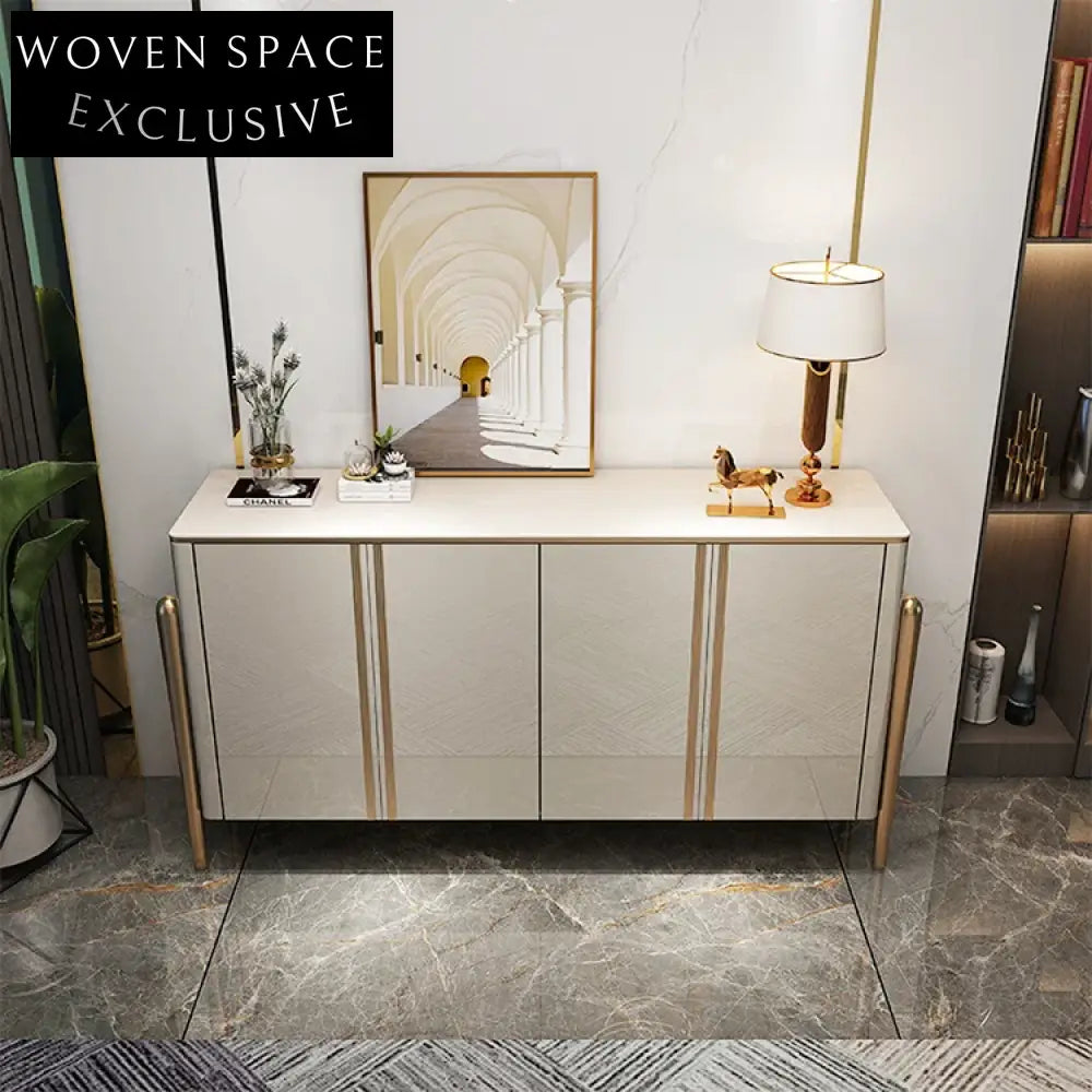 Modern Stainless Steel Console Table, Elegant Black Wood Storage Cabinet for Living Room