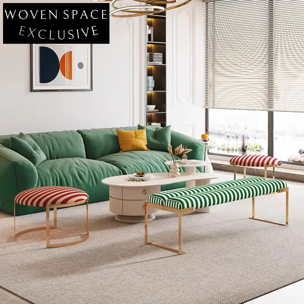 Modern Stainless Steel Frame Round Ottoman Bench, Fabric Upholstered Living Room Stool