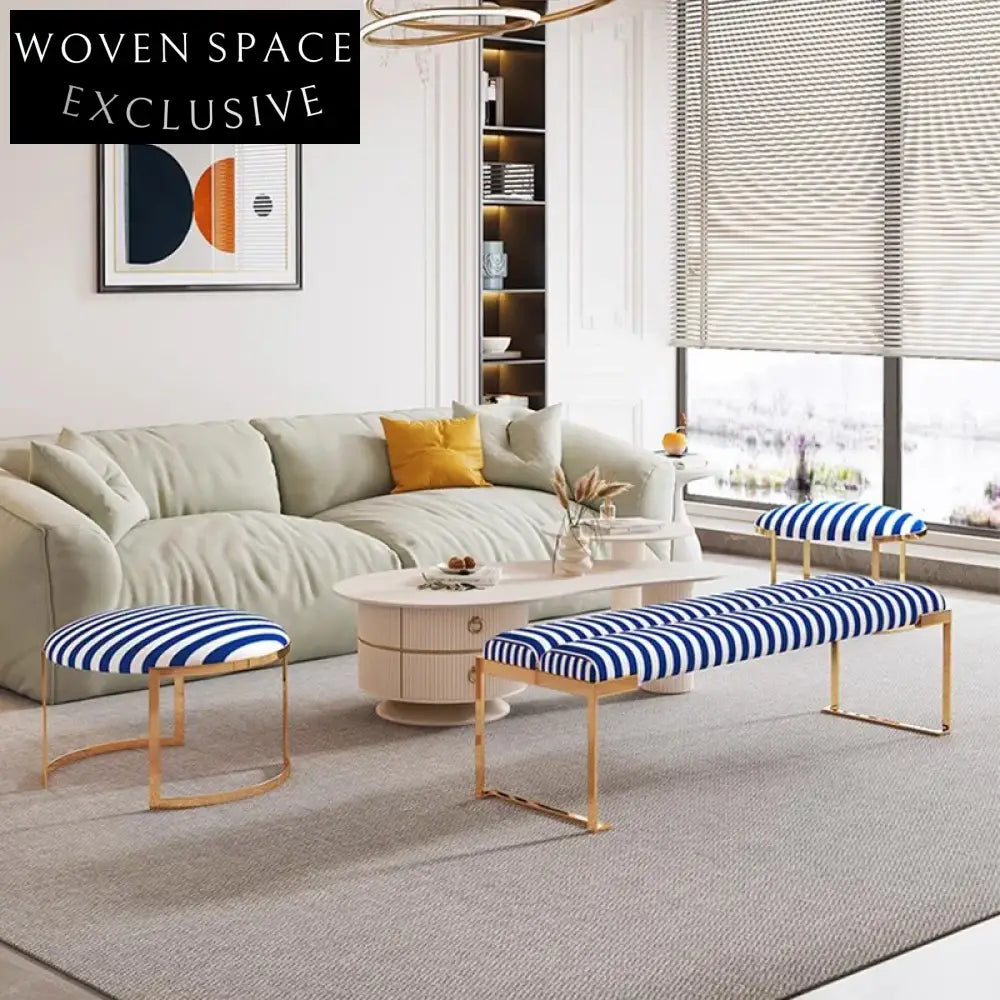 Modern Stainless Steel Frame Round Ottoman Bench, Fabric Upholstered Living Room Stool