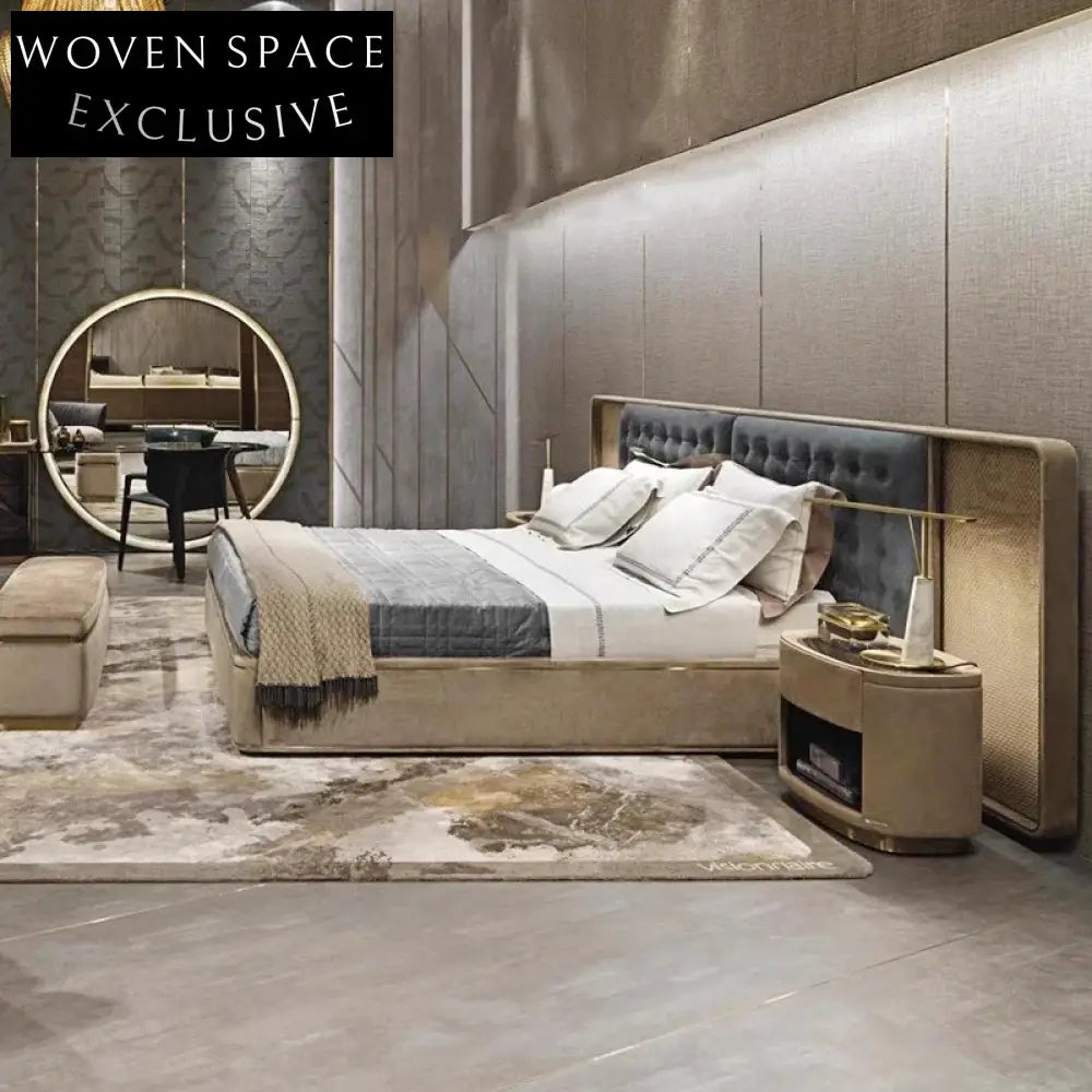 Modern Suede Fabric Upholstered King Bed with Tall Back Headboard Design