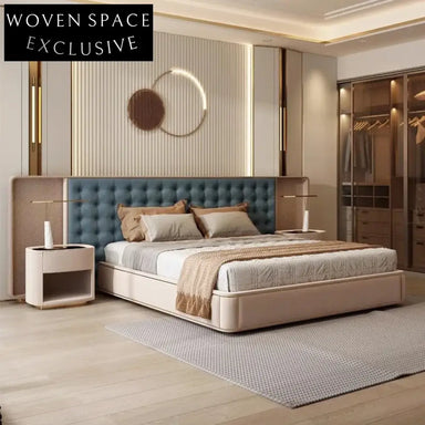 Modern Suede Fabric Upholstered King Bed with Tall Back Headboard Design