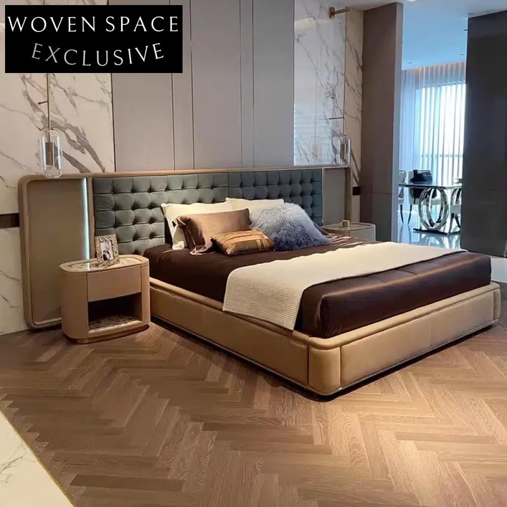 Modern Suede Fabric Upholstered King Bed with Tall Back Headboard Design