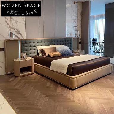 Modern Suede Fabric Upholstered King Bed with Tall Back Headboard Design