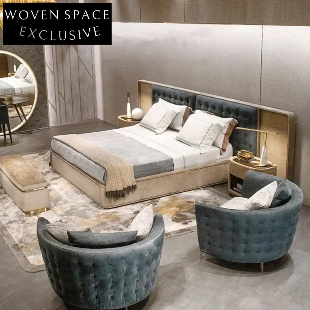 Modern Suede Fabric Upholstered King Bed with Tall Back Headboard Design