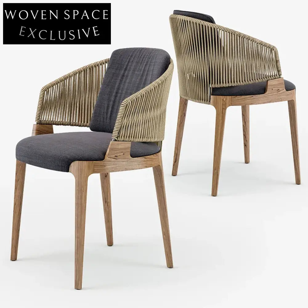 Modern Teak Wood Outdoor Dining Chair with Woven Rope Back
