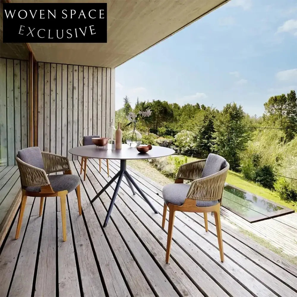 Modern Teak Wood Outdoor Dining Chair with Woven Rope Back