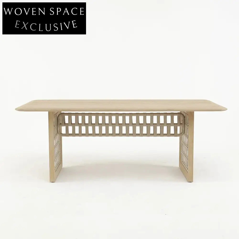 Modern Teak Wood Outdoor Dining Table with Rope Accents for Patio Spaces