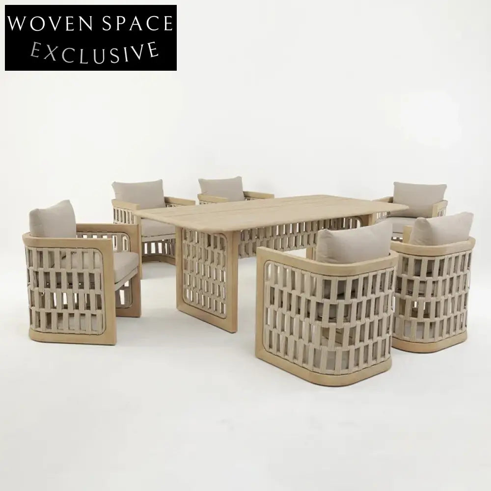 Modern Teak Wood Outdoor Dining Table with Rope Accents for Patio Spaces