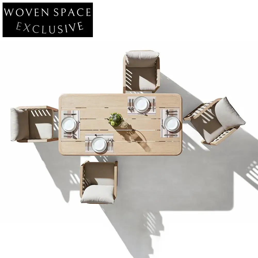 Modern Teak Wood Outdoor Dining Table with Rope Accents for Patio Spaces