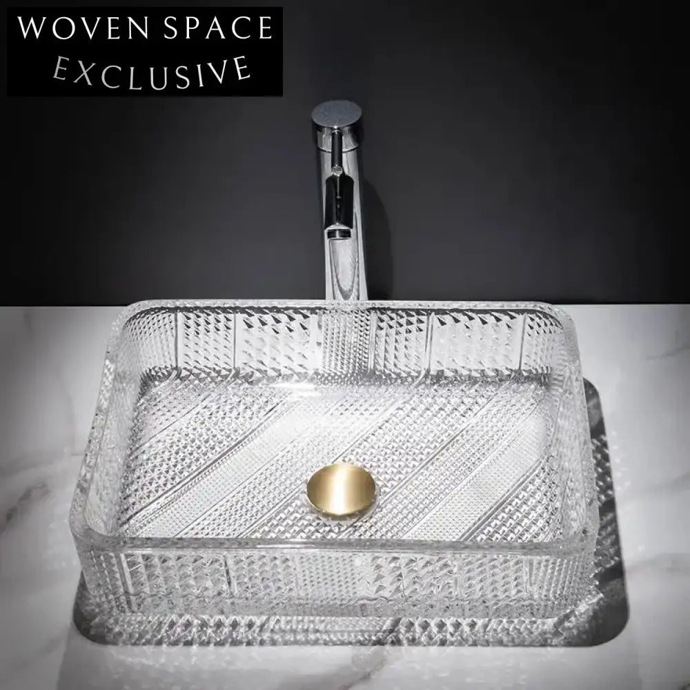 Modern Tempered Clear Glass Vessel Sink for Bathroom Countertop - Rectangular Wash Basin