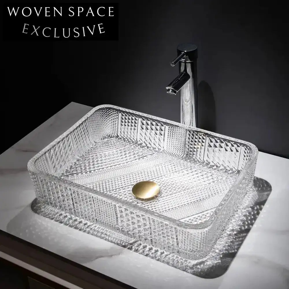 Modern Tempered Clear Glass Vessel Sink for Bathroom Countertop - Rectangular Wash Basin