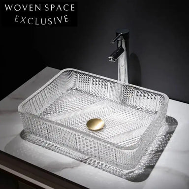 Modern Tempered Clear Glass Vessel Sink for Bathroom Countertop - Rectangular Wash Basin