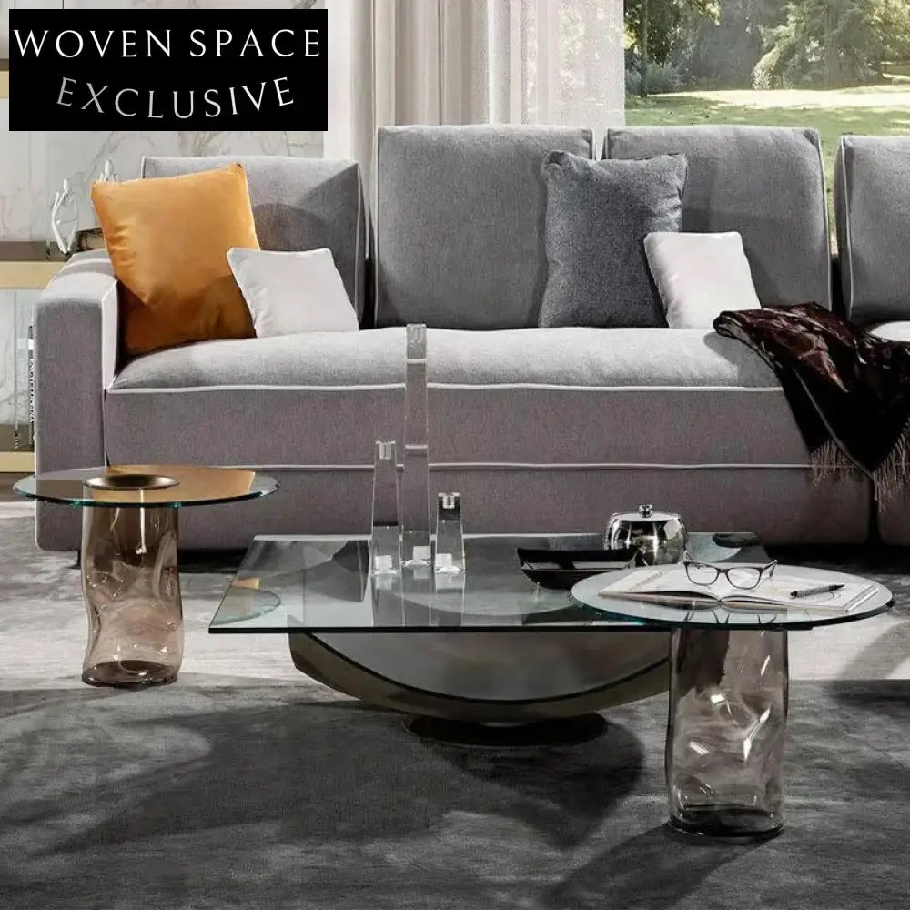 Modern Tempered Glass Round Top Coffee Table with Unique Sculptural Base Design