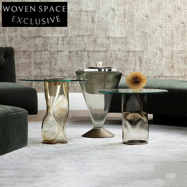 Modern Tempered Glass Round Top Coffee Table with Unique Sculptural Base Design