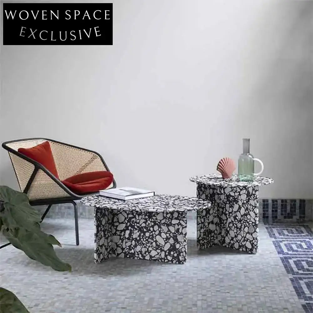 Modern Terrazzo Round Coffee Table with T-Shape Base for Chic Living Rooms