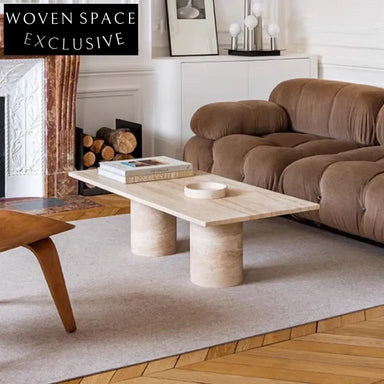 Modern Travertine Marble Rectangle Coffee Table with Cylindrical Base Design