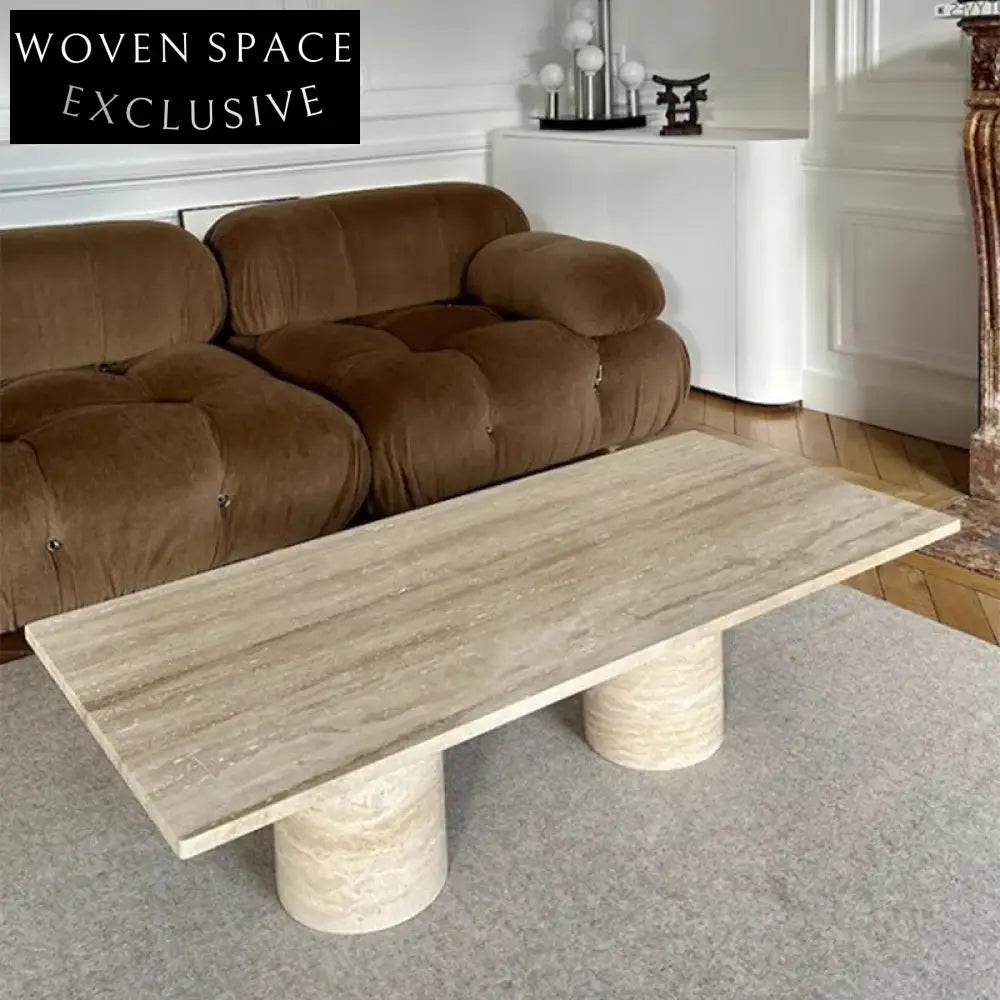 Modern Travertine Marble Rectangle Coffee Table with Cylindrical Base Design