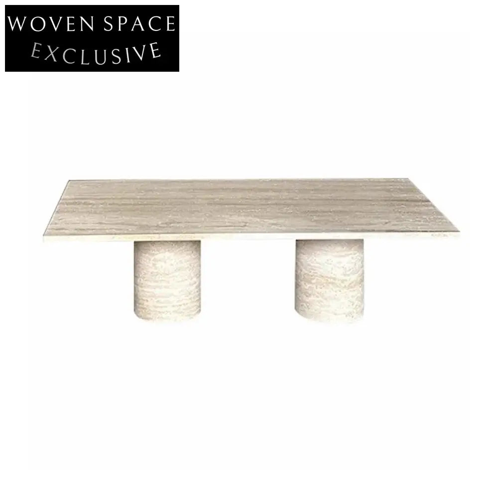Modern Travertine Marble Rectangle Coffee Table with Cylindrical Base Design