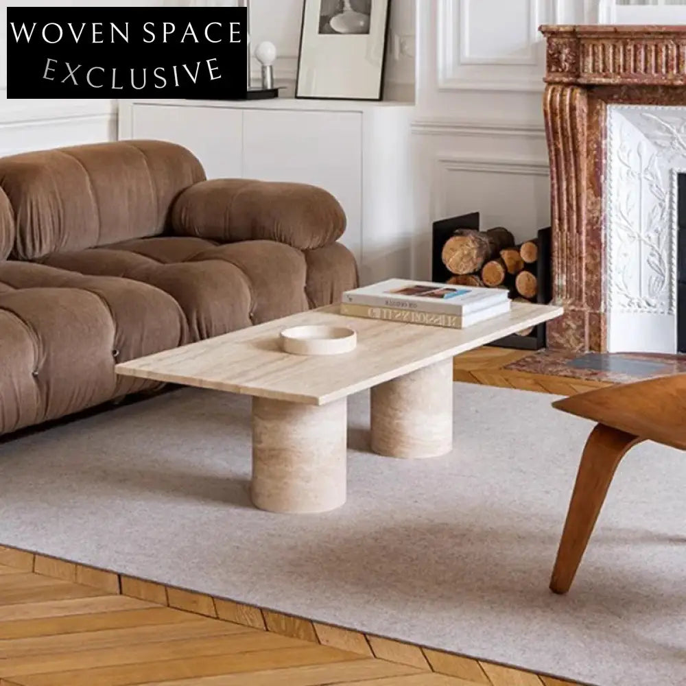 Modern Travertine Marble Rectangle Coffee Table with Cylindrical Base Design