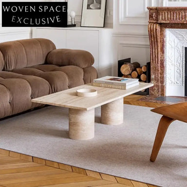 Modern Travertine Marble Rectangle Coffee Table with Cylindrical Base Design