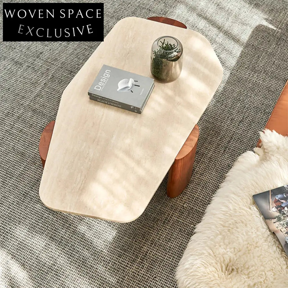 Modern Travertine Natural Stone Coffee Table with Solid Wood Legs