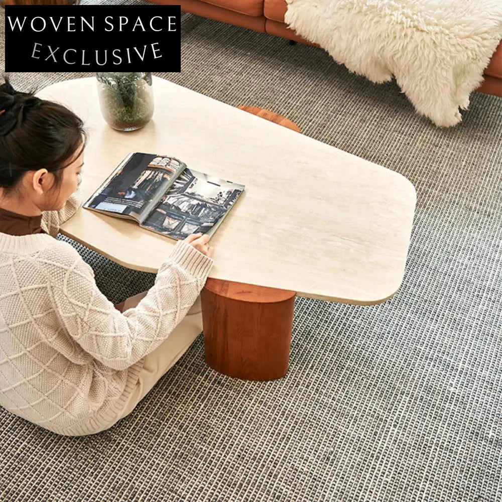 Modern Travertine Natural Stone Coffee Table with Solid Wood Legs