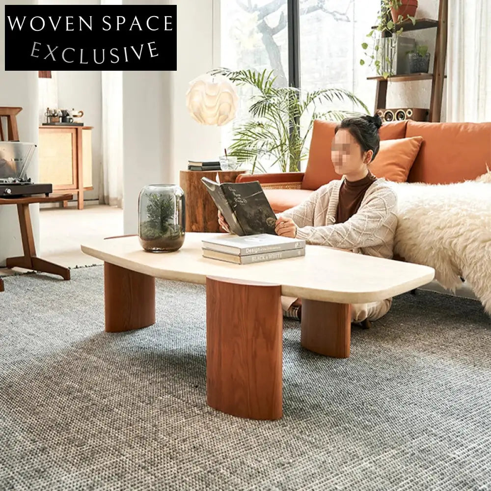 Modern Travertine Natural Stone Coffee Table with Solid Wood Legs