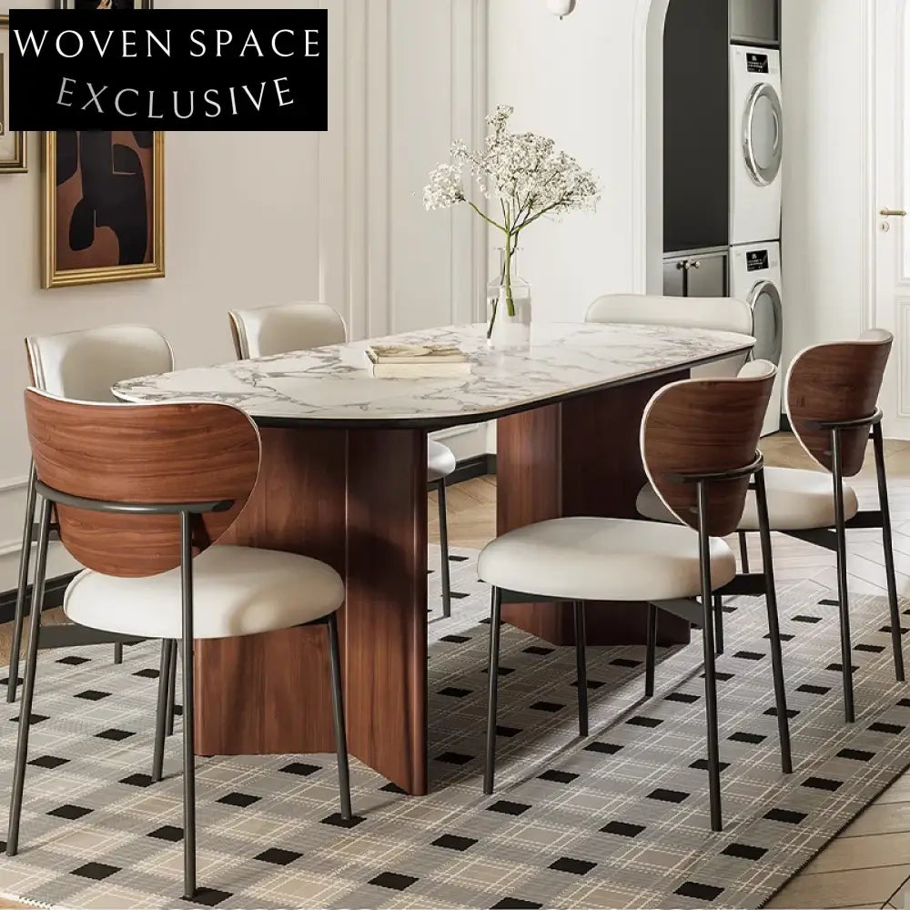 Modern Travertine Slab Top Dining Table for Six with Solid Wood Base