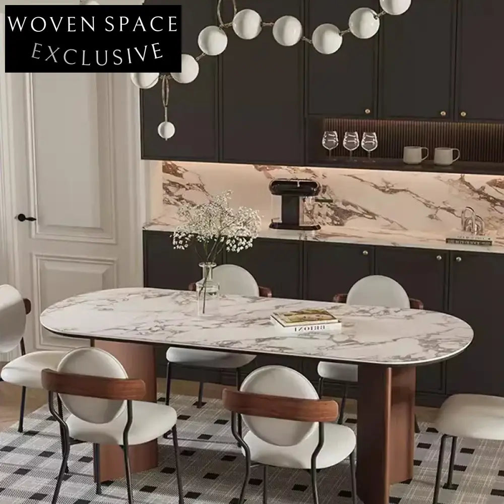 Modern Travertine Slab Top Dining Table for Six with Solid Wood Base