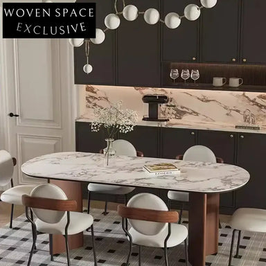 Modern Travertine Slab Top Dining Table for Six with Solid Wood Base