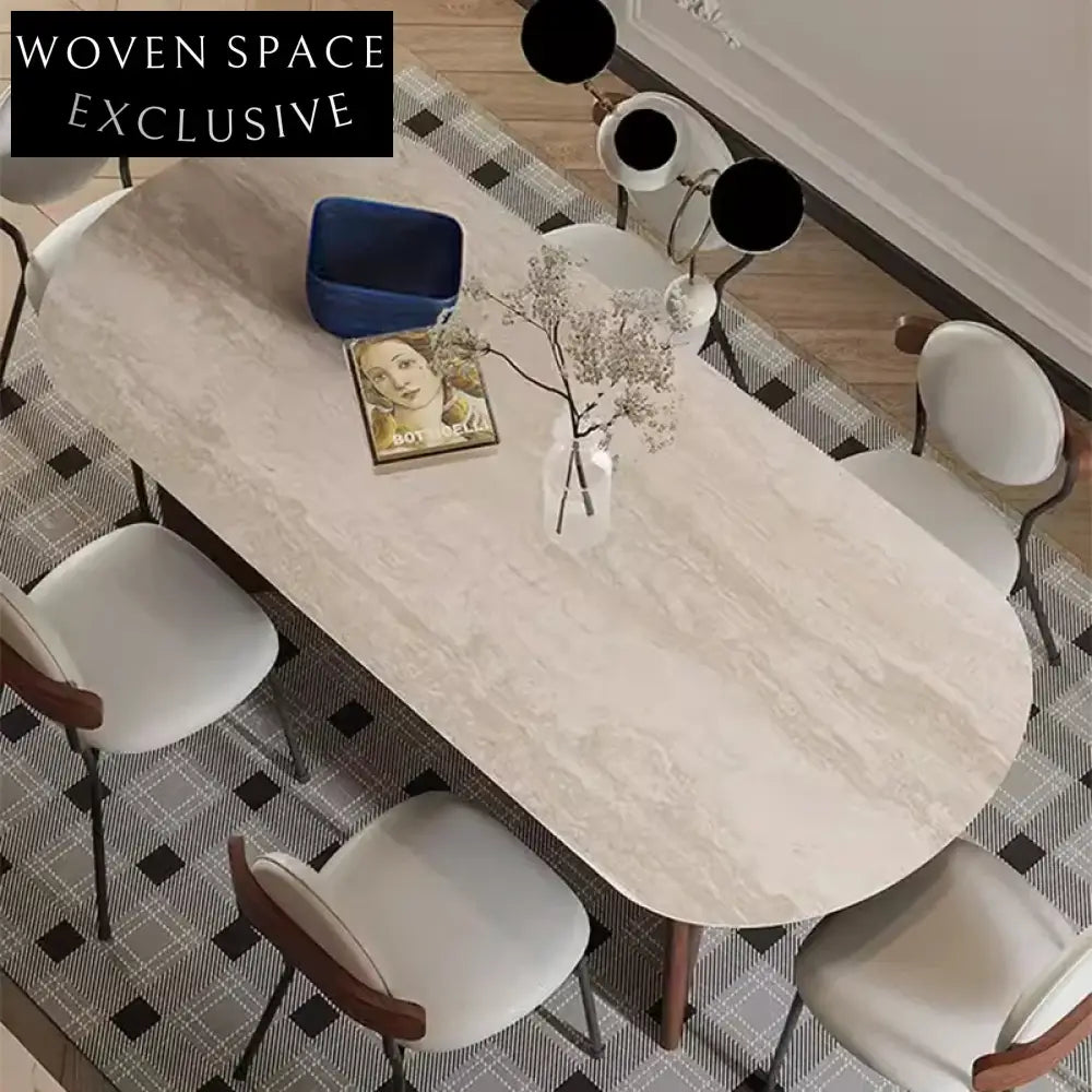 Modern Travertine Slab Top Dining Table for Six with Solid Wood Base