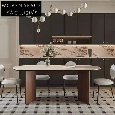 Modern Travertine Slab Top Dining Table for Six with Solid Wood Base