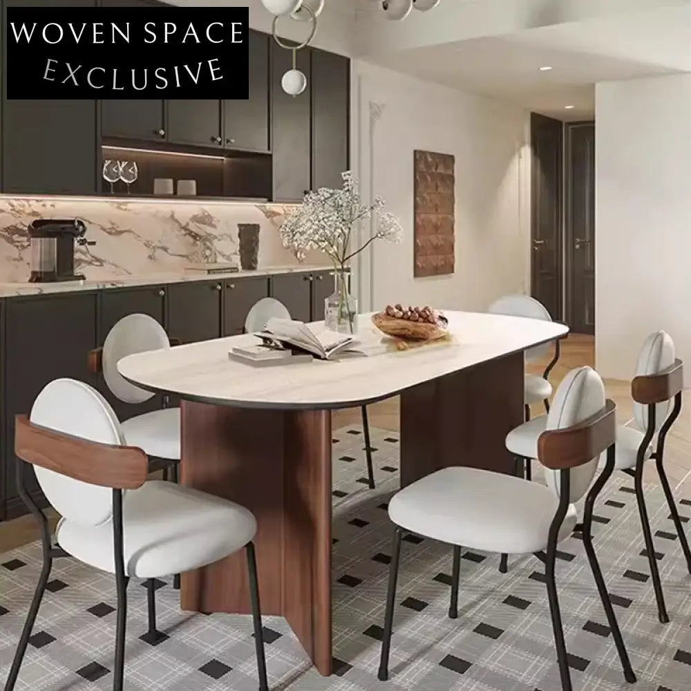 Modern Travertine Slab Top Dining Table for Six with Solid Wood Base