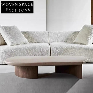 Modern Travertine Stone Coffee Table, Solid Wood Base, Living Room Centerpiece