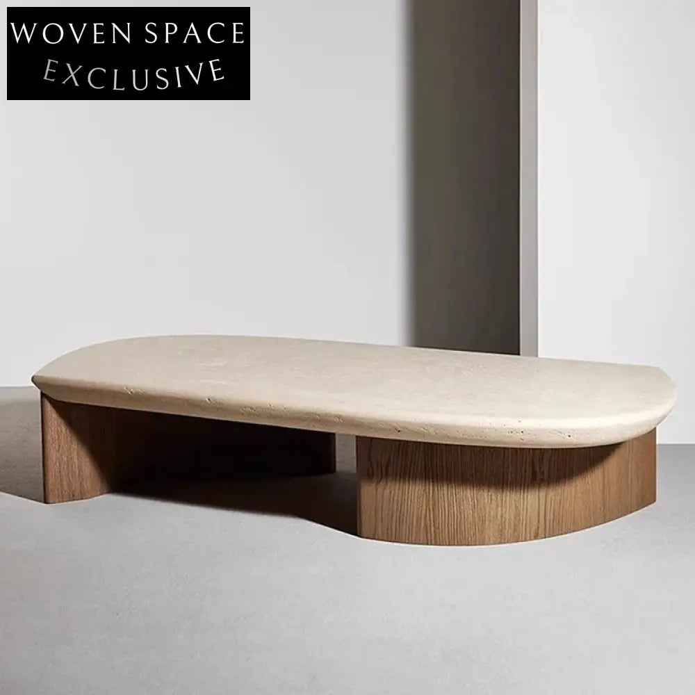 Modern Travertine Stone Coffee Table, Solid Wood Base, Living Room Centerpiece