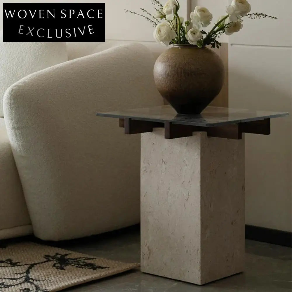 Modern Travertine Stone Coffee Table with Glass Top, Round Design