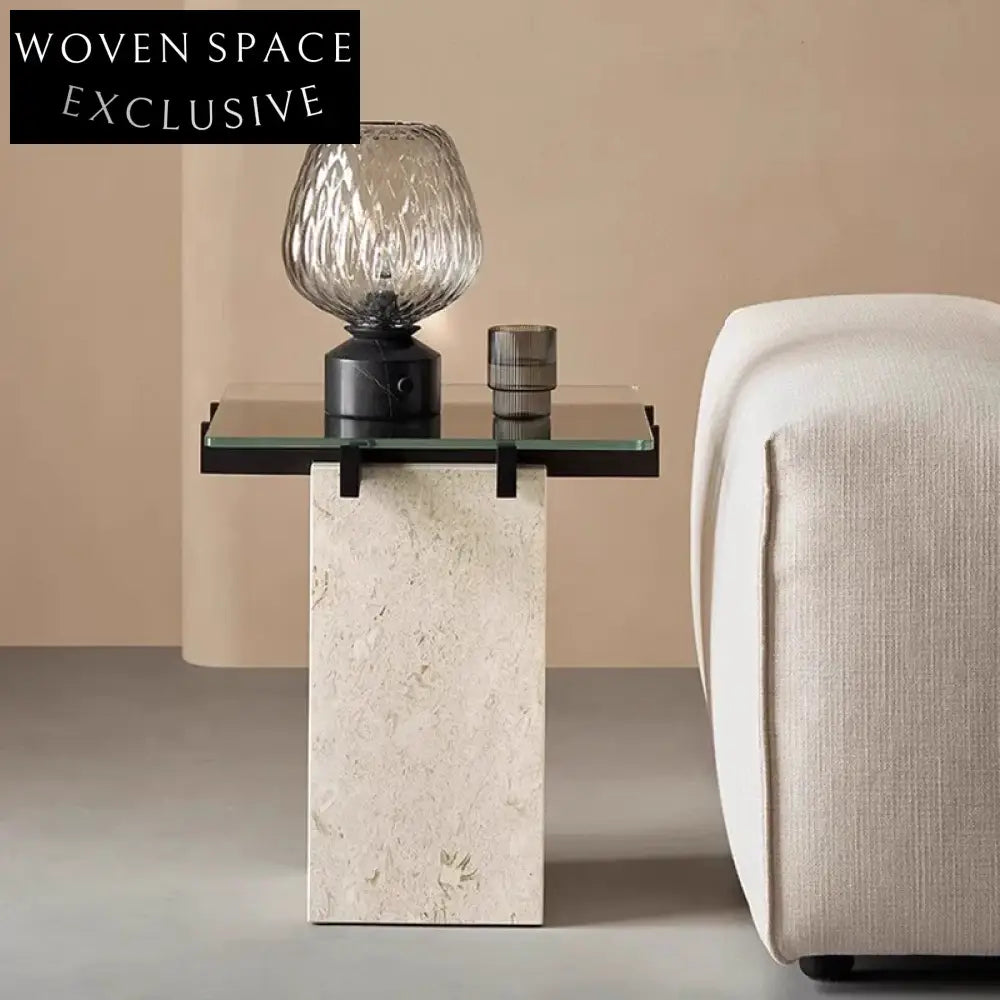 Modern Travertine Stone Coffee Table with Glass Top, Round Design