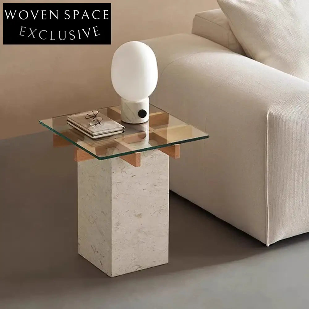 Modern Travertine Stone Coffee Table with Glass Top, Round Design