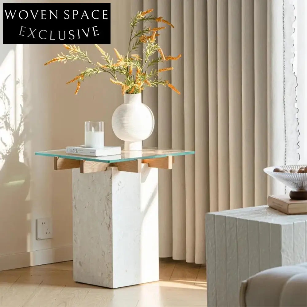 Modern Travertine Stone Coffee Table with Glass Top, Round Design