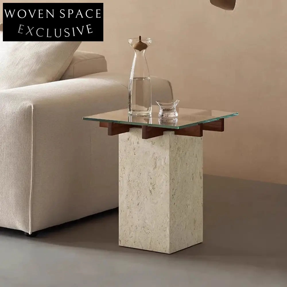 Modern Travertine Stone Coffee Table with Glass Top, Round Design